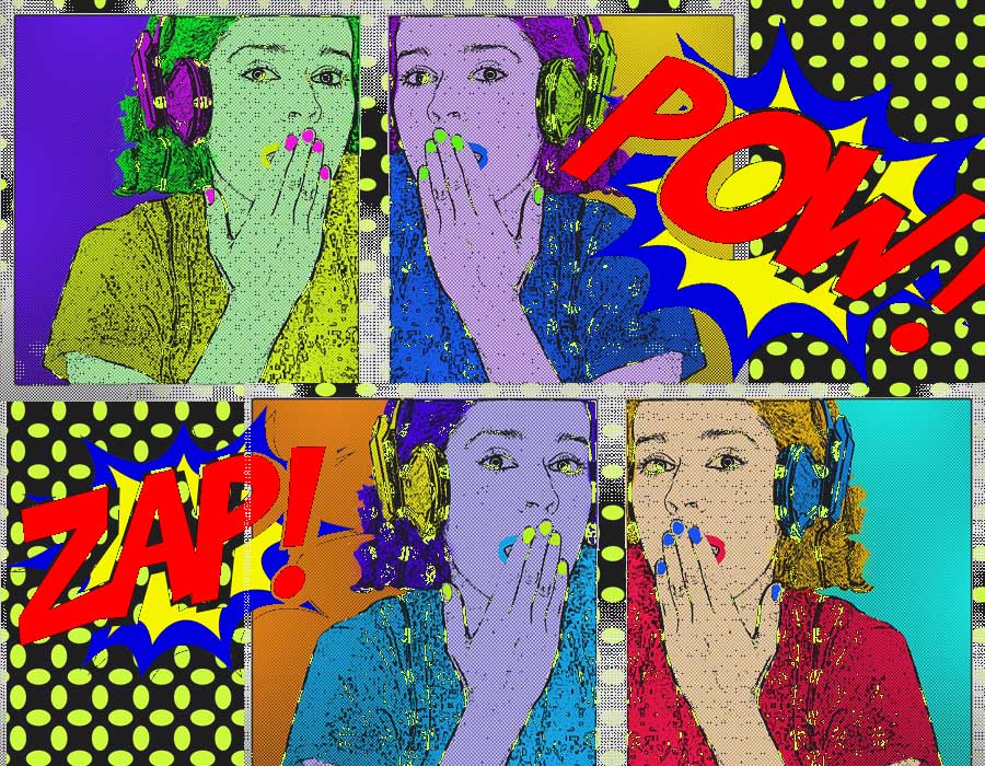 pop art blended contact picture woman on phone mixed media background ZAP POW