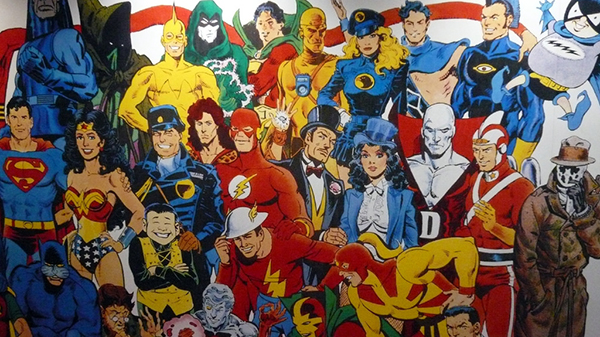 A mural of comic book characters from DC Comics